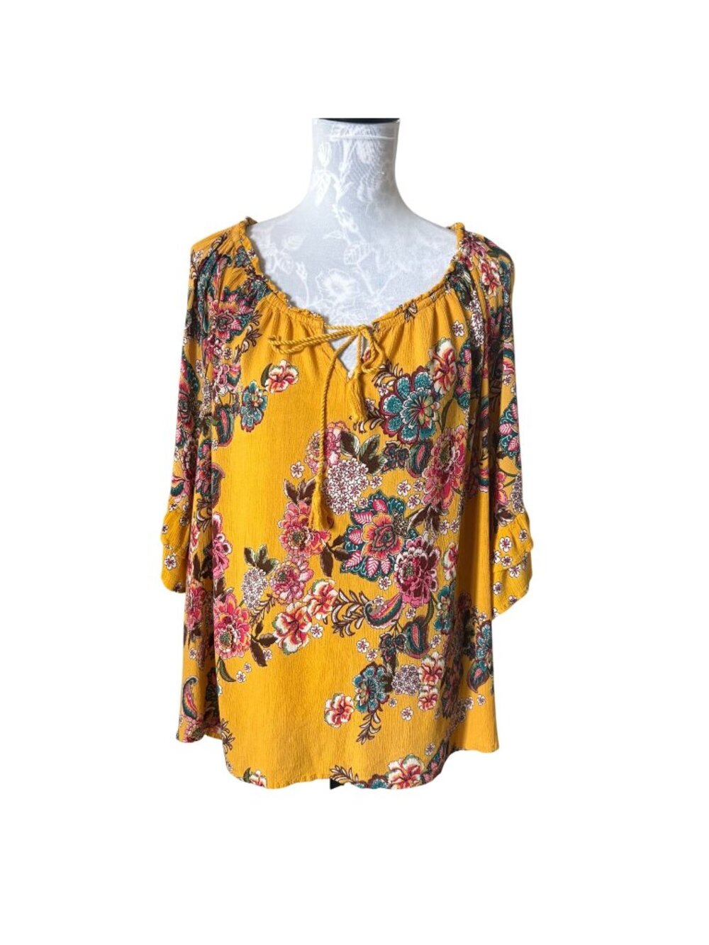 BILA Womens XXL Long Sleeve Floral Boho Top Shirt Casual Yellow